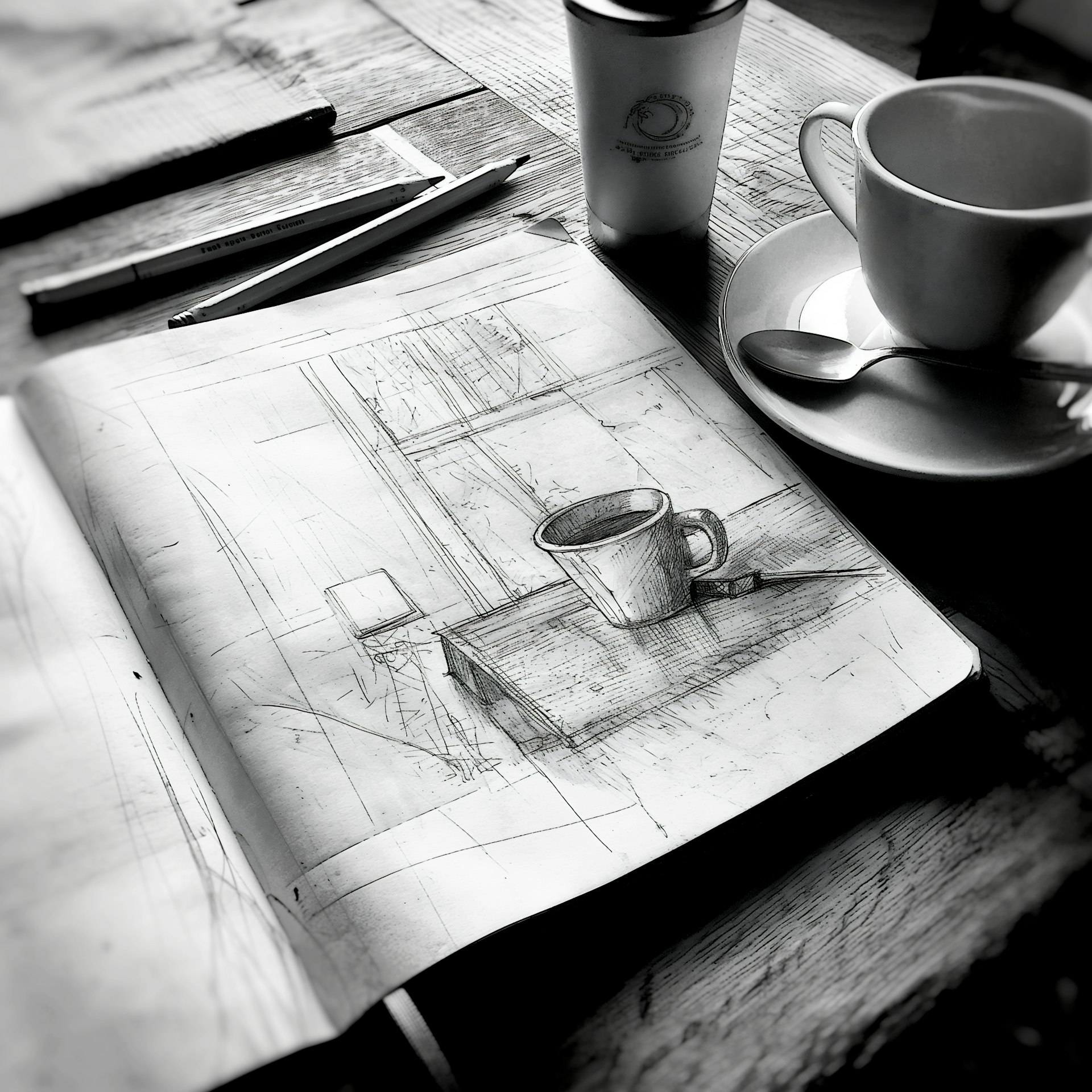A table with a cup of coffee and a book on it